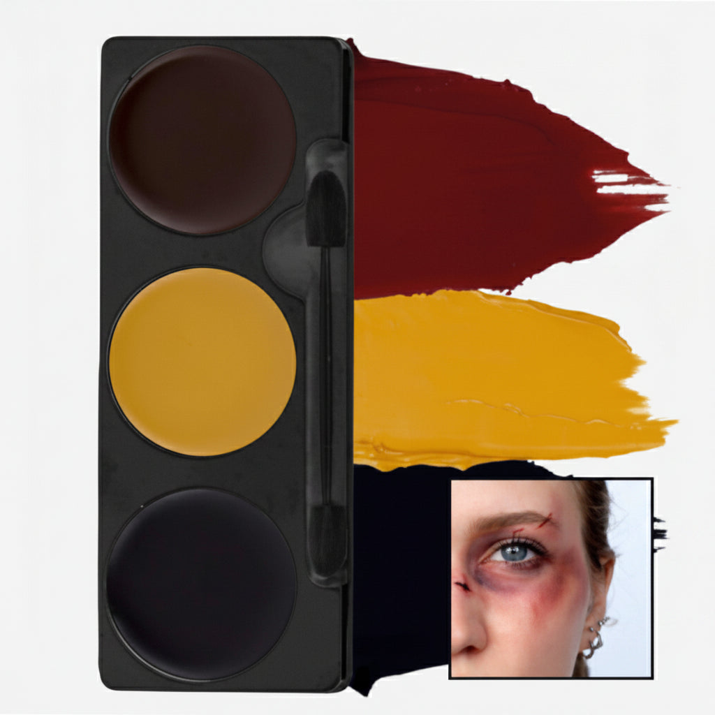 Makeup palette with red, yellow, and black shades and a swatch on a white background.