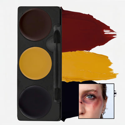 Makeup palette with red, yellow, and black shades and a swatch on a white background.