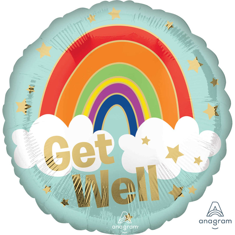 Get Well Rainbow & Gold Stars Round Foil Balloon