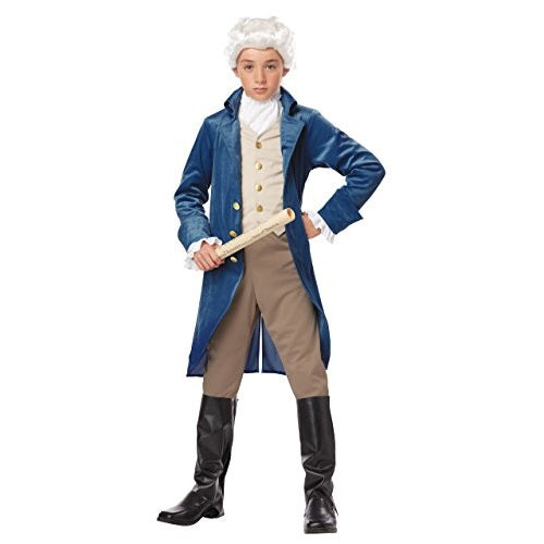Historical boys costume featuring George Washington style outfit with tricorn hat