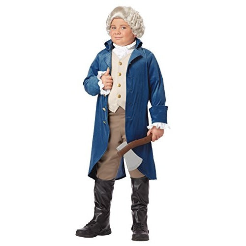 George Washington Colonial Boys Costume in blue and white with tricorn hat and jabot