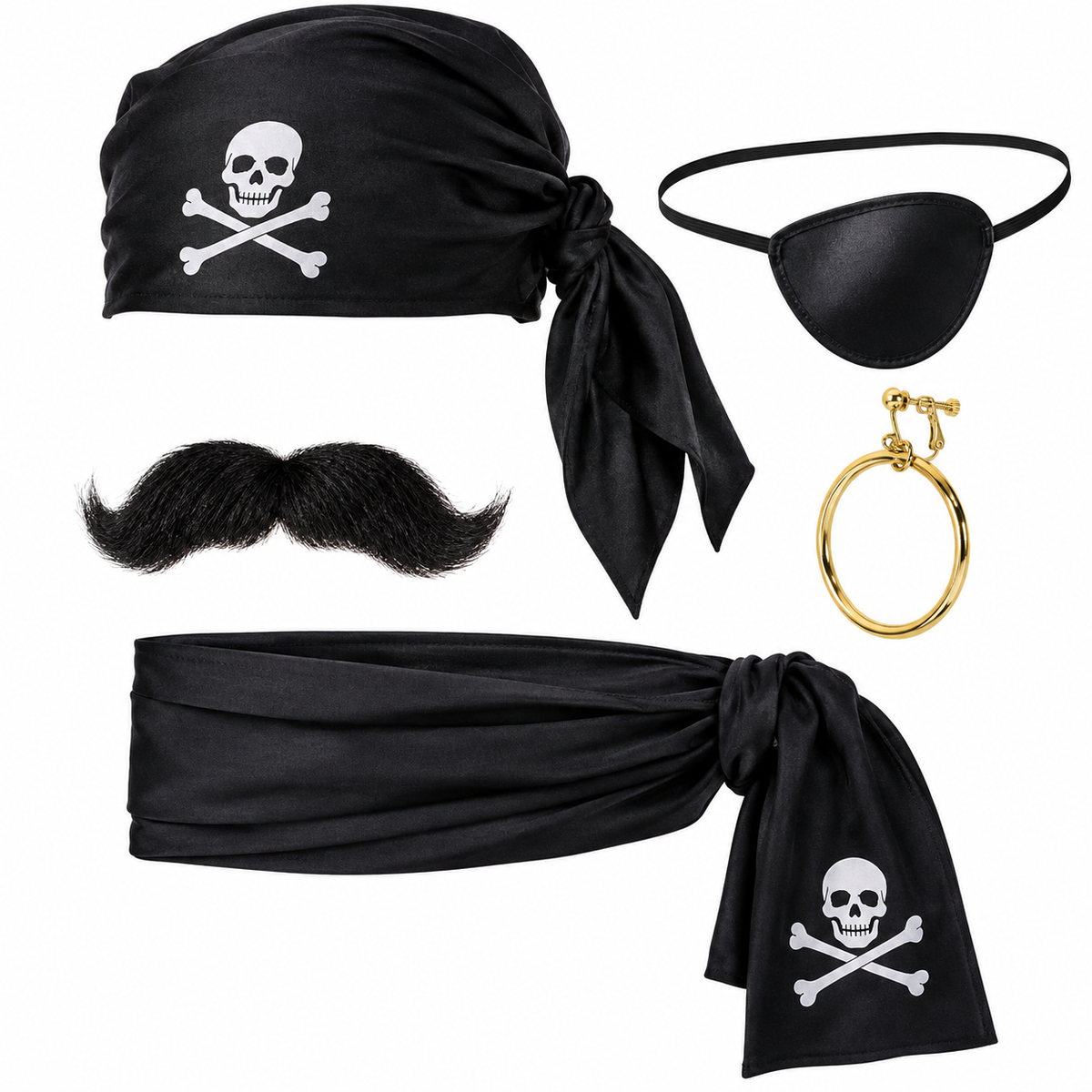 Pirate costume accessory set on a white background, including a black headscarf with white skull and crossbones, black eye patch, black fake mustache, and a gold ring.