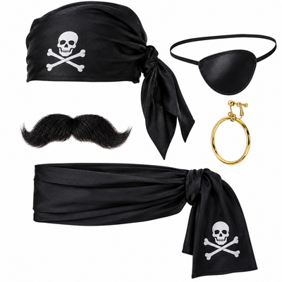 Pirate costume accessory set on a white background, including a black headscarf with white skull and crossbones, black eye patch, black fake mustache, and a gold ring.