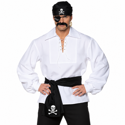 A man modeling a pirate costume against a plain white background. The costume includes a white long-sleeve pirate shirt with lace-up neckline, a black waist sash, a black pirate headband with a skull and crossbones emblem, a black eye patch, a fake black mustache, and black pants.