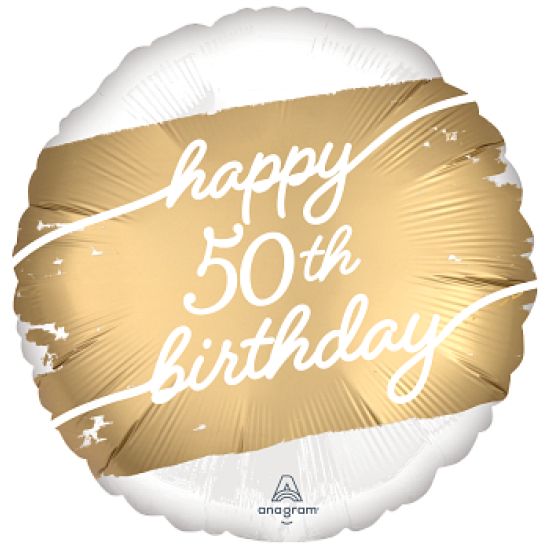 Happy 50th Birthday Foil Balloon - Gold & White - 45cm