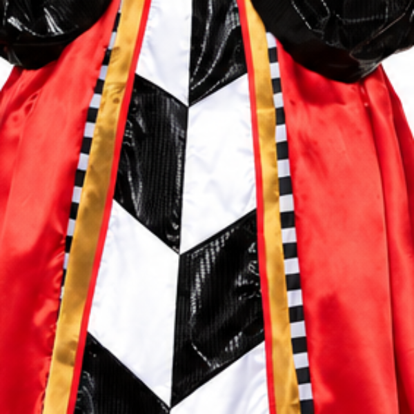 Three views of a woman modeling a Queen of Hearts costume against a plain white background, showing front, side, and back views. The costume features a black and red dress with gold trim, a white bodice with red hearts, and a black and white checkered skirt panel, complete with a gold crown.