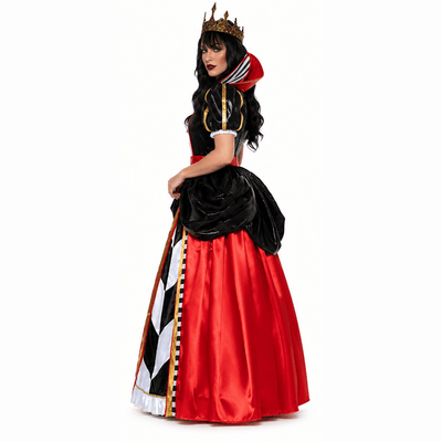Three views of a woman modeling a Queen of Hearts costume against a plain white background, showing front, side, and back views. The costume features a black and red dress with gold trim, a white bodice with red hearts, and a black and white checkered skirt panel, complete with a gold crown.