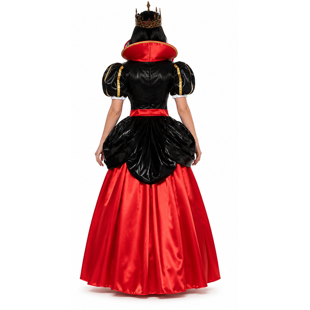 Three views of a woman modeling a Queen of Hearts costume against a plain white background, showing front, side, and back views. The costume features a black and red dress with gold trim, a white bodice with red hearts, and a black and white checkered skirt panel, complete with a gold crown.