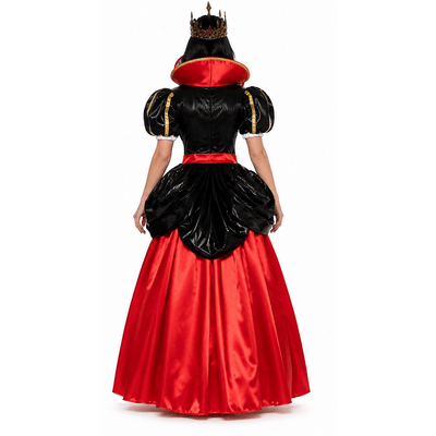 Three views of a woman modeling a Queen of Hearts costume against a plain white background, showing front, side, and back views. The costume features a black and red dress with gold trim, a white bodice with red hearts, and a black and white checkered skirt panel, complete with a gold crown.