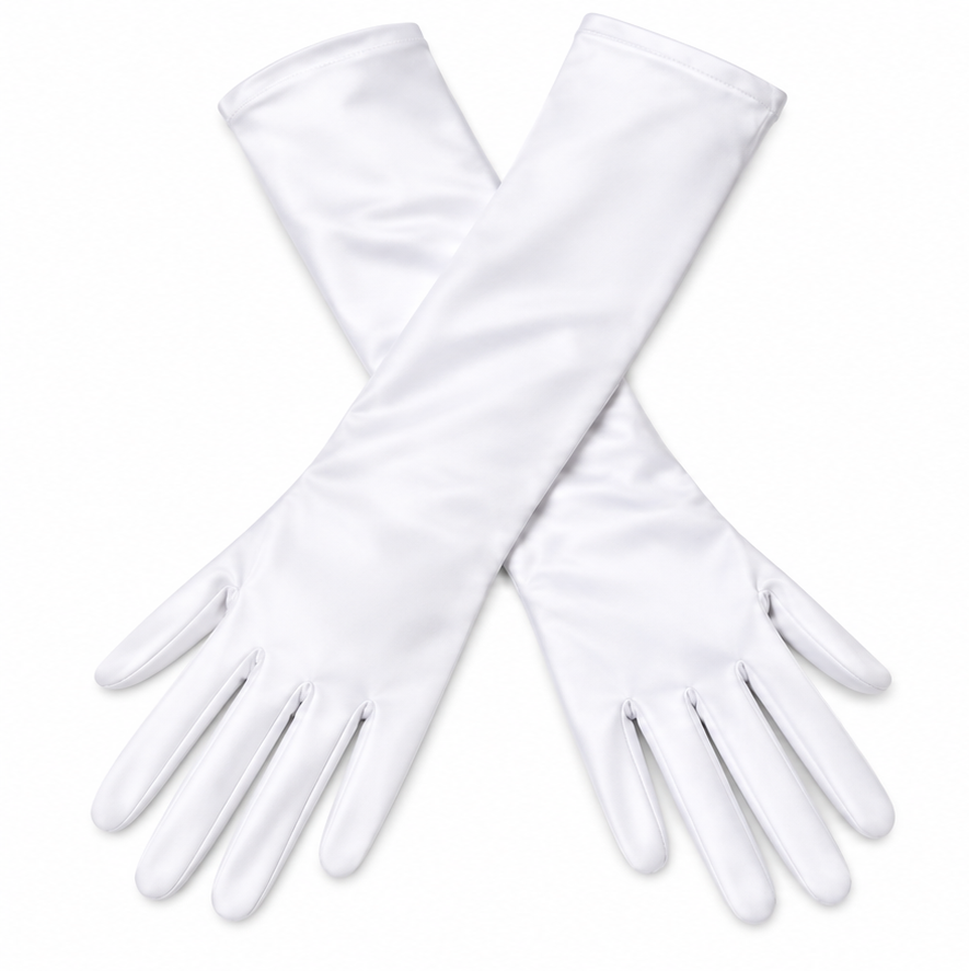 Two long satin gloves, one white and one black, arranged in an X shape on a plain white background.