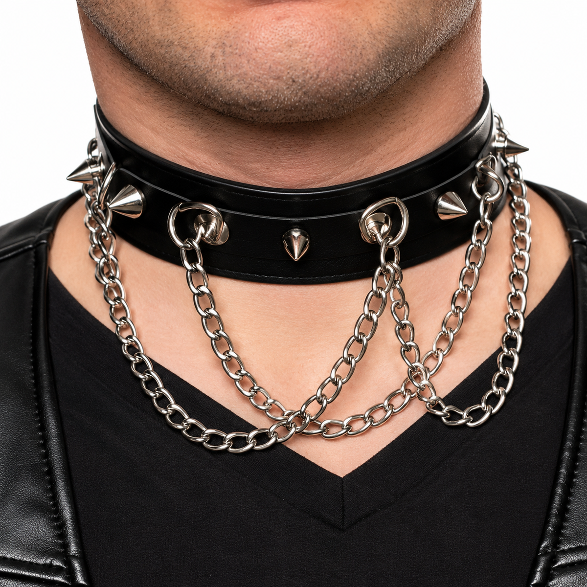 Spiked Studded Collar With Chains Costume Accessory