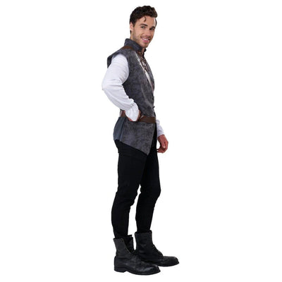 A man modeling a medieval-style costume consisting of a gray patterned vest, white long-sleeve shirt, black pants, and black boots, shown against a plain white background.