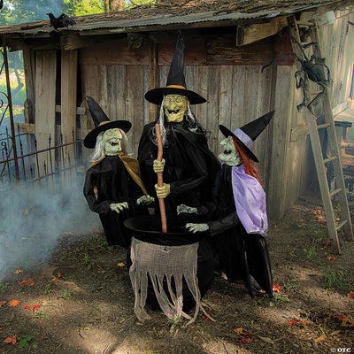 Three creepy animated witch sisters with glowing eyes and moving mouths