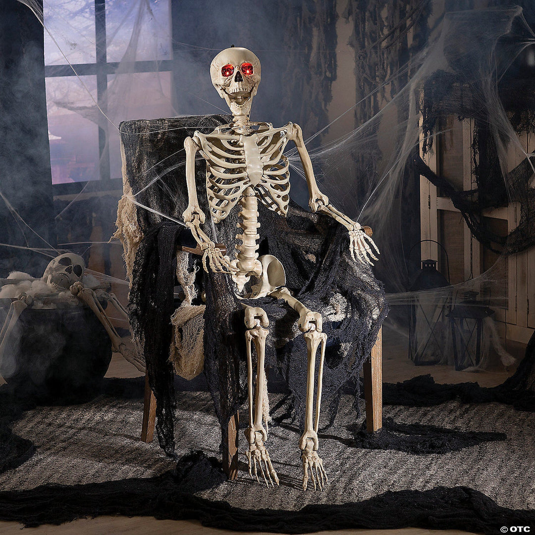 Life-size posable skeleton with articulated joints and realistic detail for Halloween decor