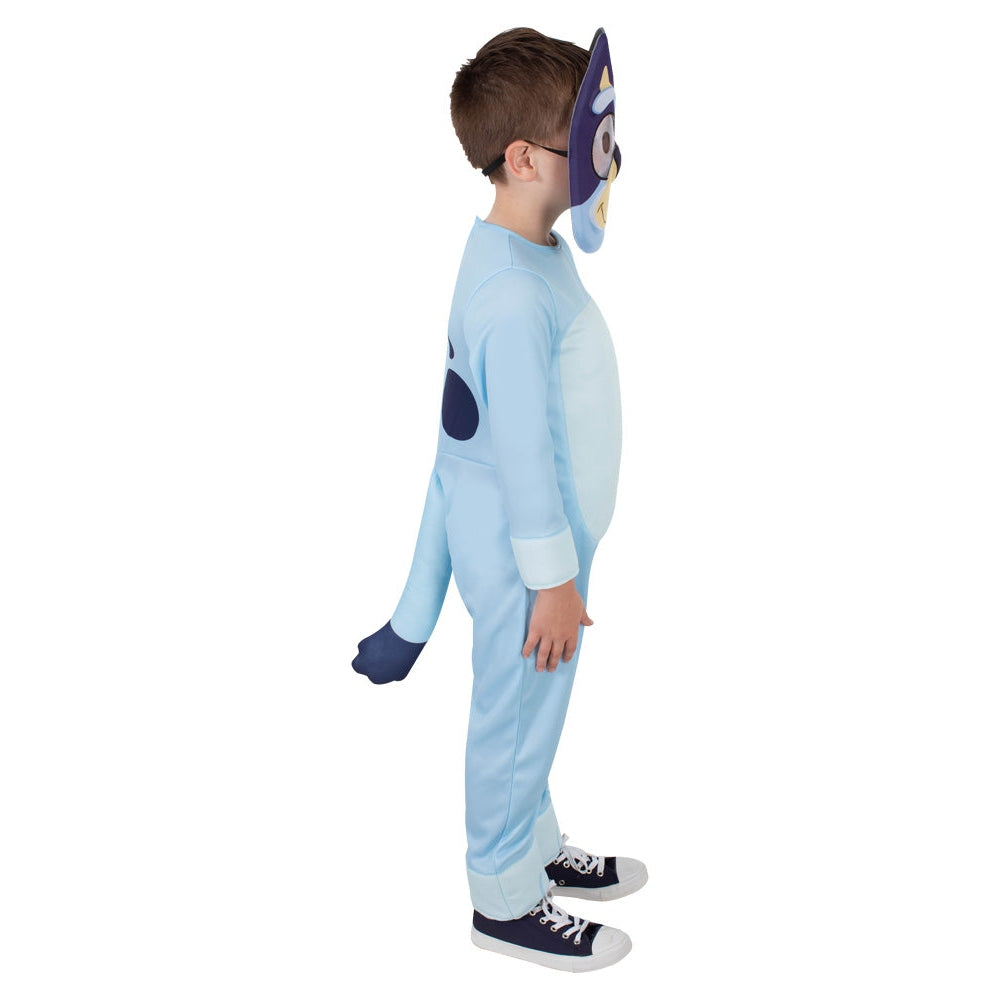 Child dressed in Bluey Deluxe Costume featuring a blue jumpsuit and matching headband