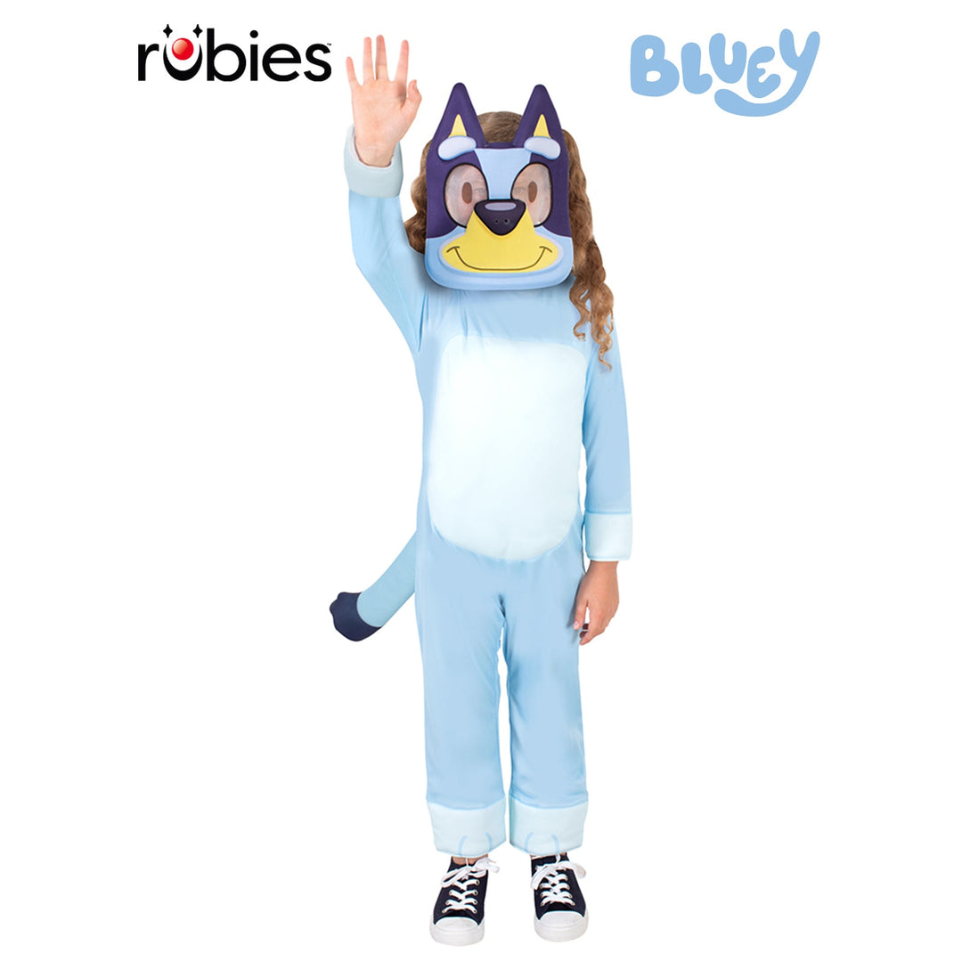 Child wearing a Bluey Deluxe Costume featuring a blue jumpsuit and character headpiece