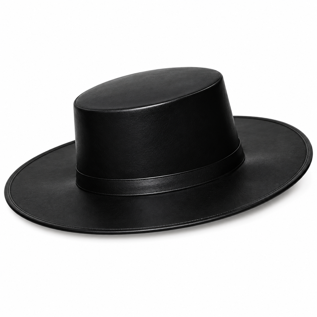 A black wide-brimmed hat with a structured crown and a thin band around the base, photographed on a clean white background.