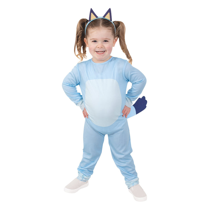  Happy toddler in a Bluey outfit for Halloween or dress-up play