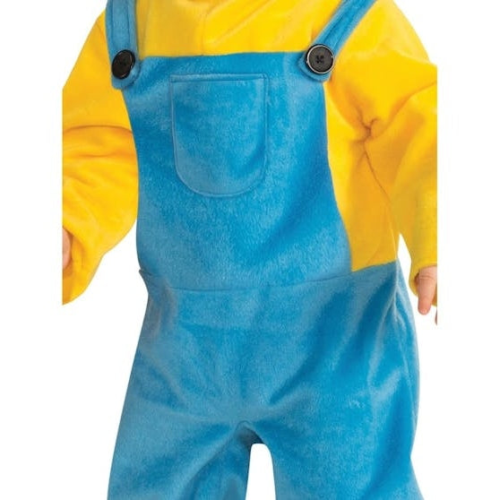 Yellow and blue Minion Kevin costume with printed logo and headpiece
