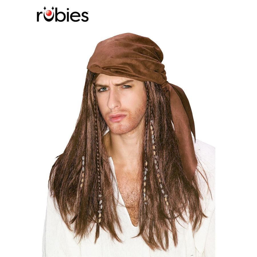 Caribbean Pirate Adult Wig Brown with Curly Tresses and Red Bandana