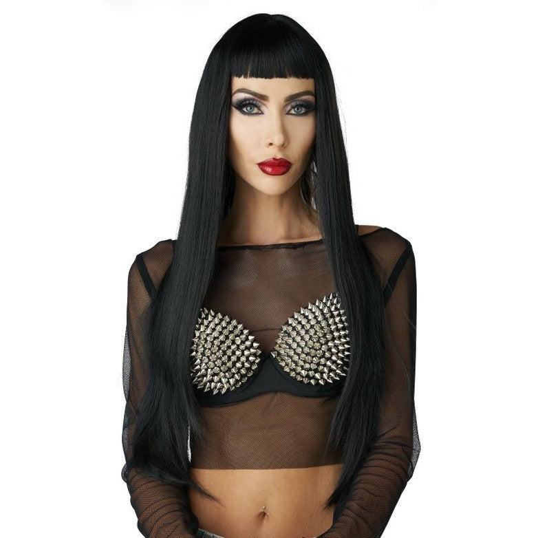 Long Straight Wig, Black with Fringe
