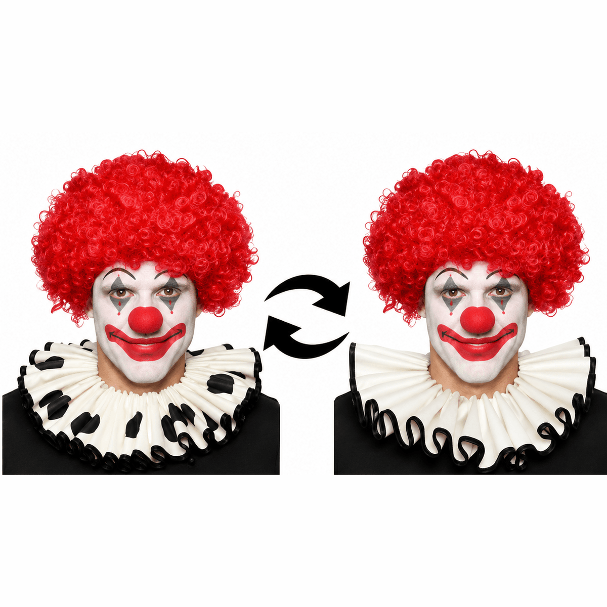 Two views of a clown costume set on a white background, each showing a red curly wig, white face paint, red nose and smile, and a black-and-white ruffled collar. A black circular swap arrow appears between the two images.
