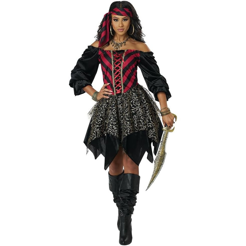 Captivate the crowd in the Glimmering Sea Pirate Women's Costume, a stunning ensemble featuring a dazzling combination of sequins and lace, perfect for your next seafaring adventure