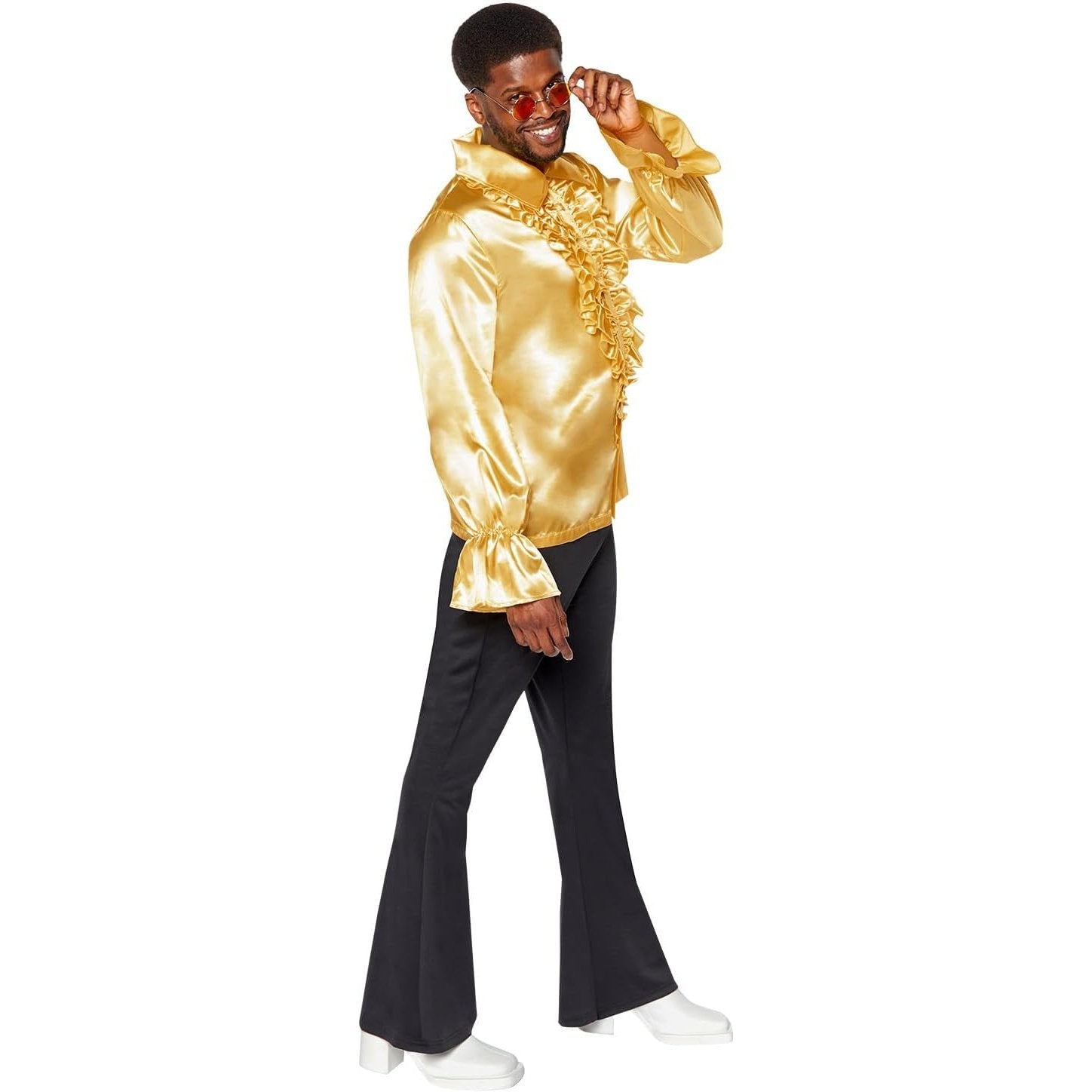 Shimmery golden ruffle shirt for men's fancy dress costume