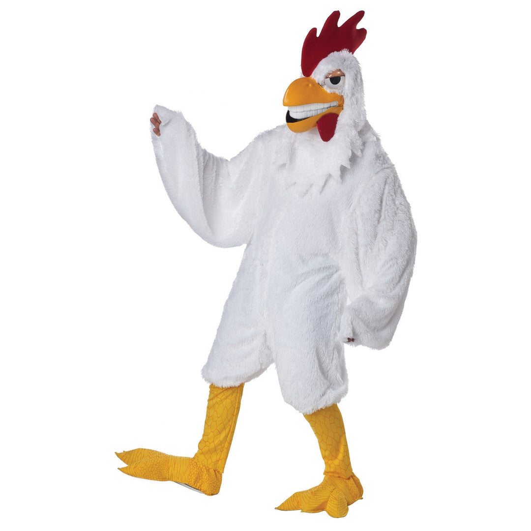 Alt text: Adult wearing a funny and realistic chicken costume for Halloween