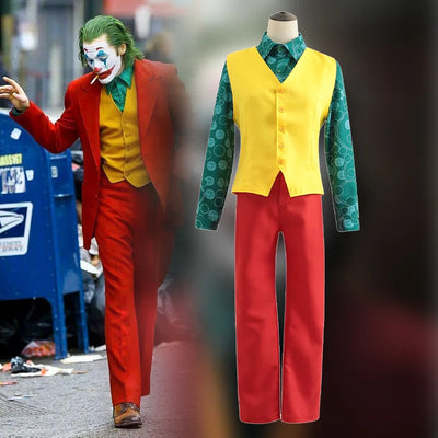  A close-up image of the Joker 2 Folie à Deux Adult Costume, showing the intricate details of the jacket, shirt, and tie design