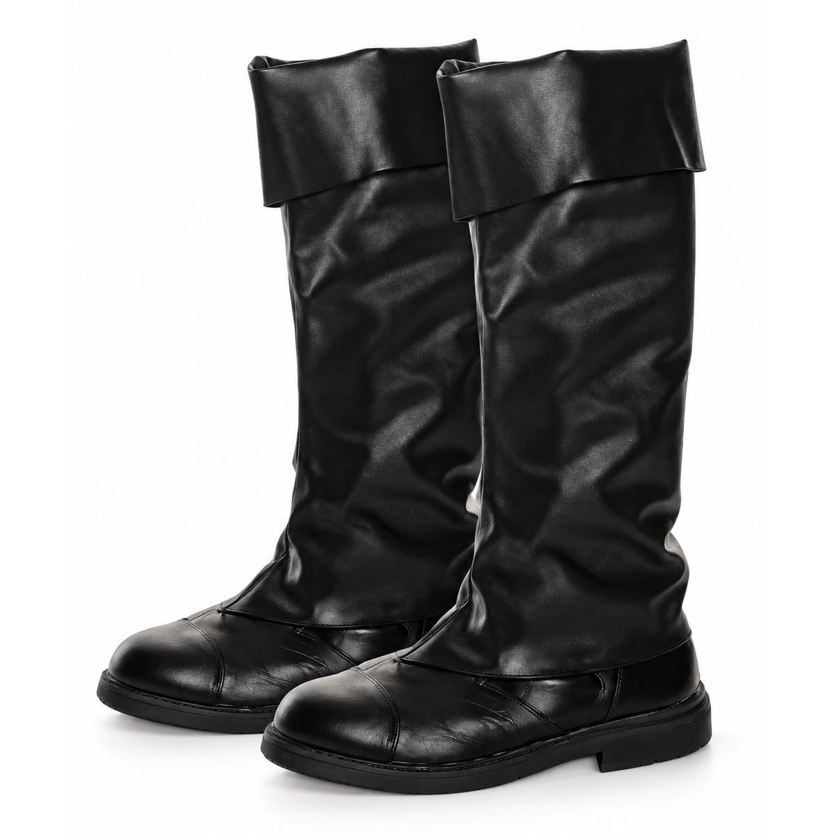 A pair of black knee-high boots with a smooth, slightly glossy finish, featuring a wide folded cuff and a low block heel, shown against a plain white background.