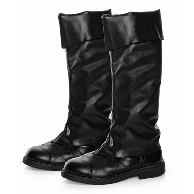 A pair of black knee-high boots with a smooth, slightly glossy finish, featuring a wide folded cuff and a low block heel, shown against a plain white background.