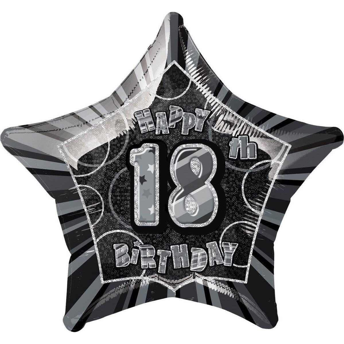 Happy 18th Birthday Star Foil Balloon - Black & Silver Glitz 50 cm
