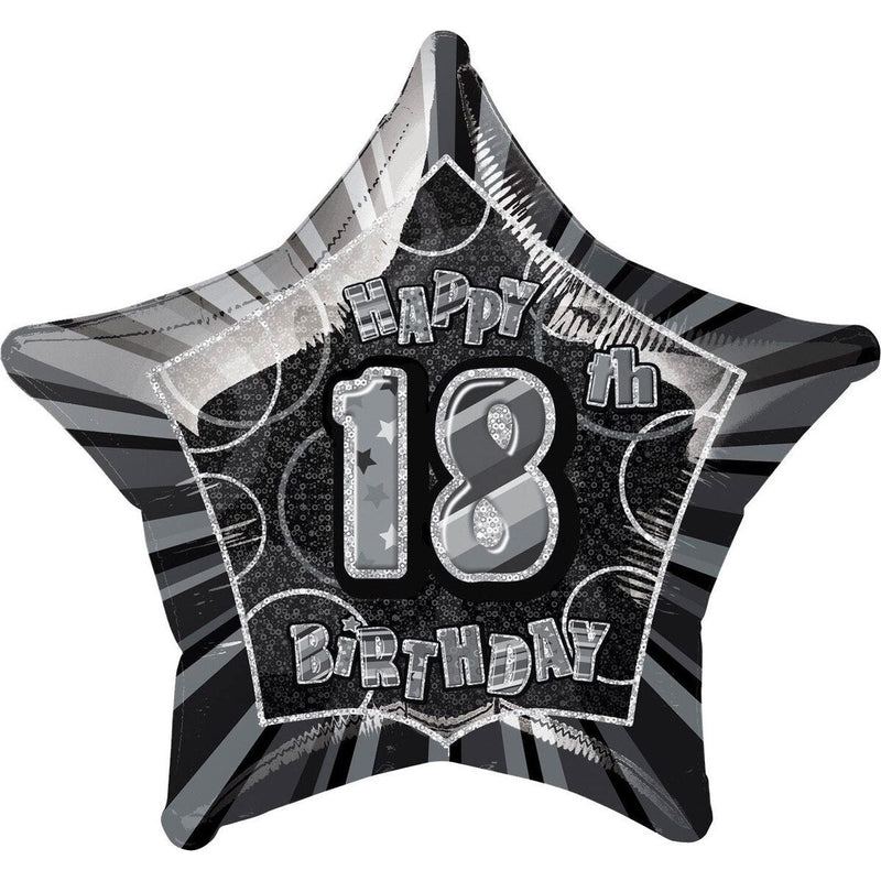 Happy 18th Birthday Star Foil Balloon - Black & Silver Glitz 50 cm