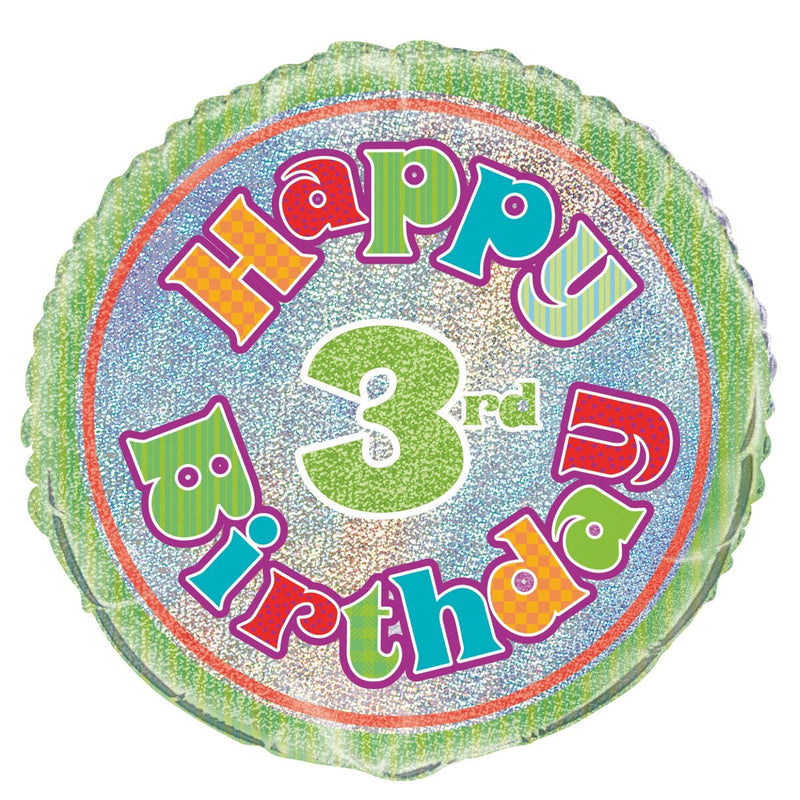 Happy 3rd Birthday Multicolour Holographic Round Foil Balloon - 45cm