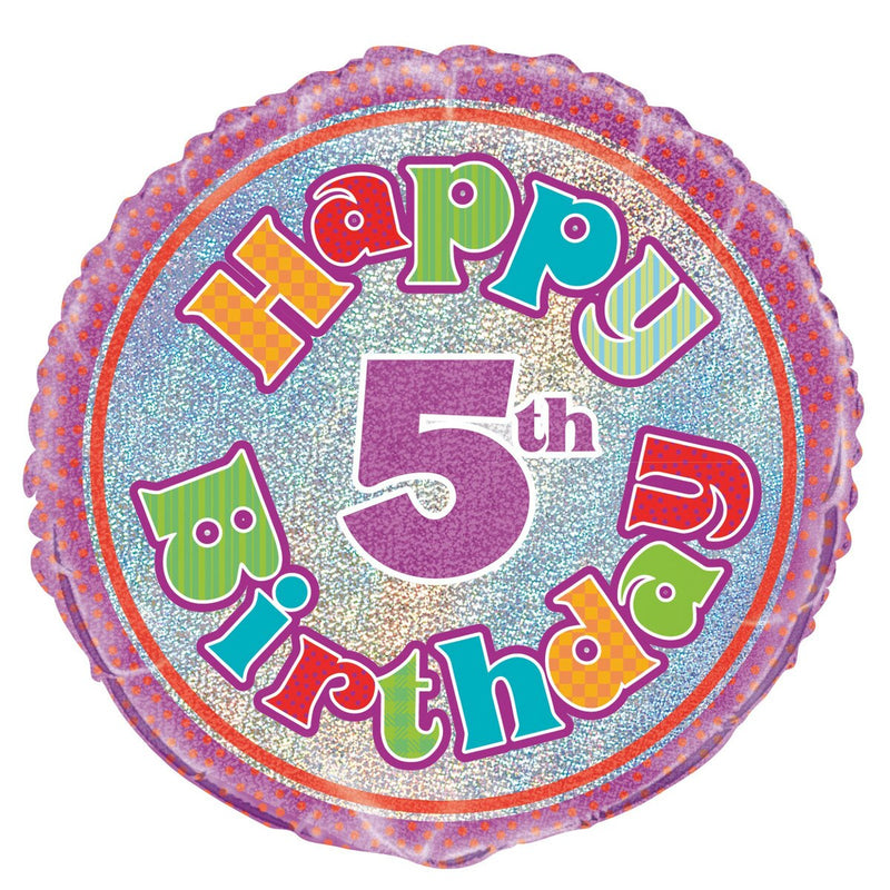 Happy 5th Birthday Multicolour Holographic Round Foil Balloon - 45cm