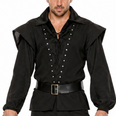 A man modeling a black pirate costume against a plain white background, wearing a black hat, double-breasted shirt with silver buttons, black pants, black knee-high boots, and holding a toy sword.