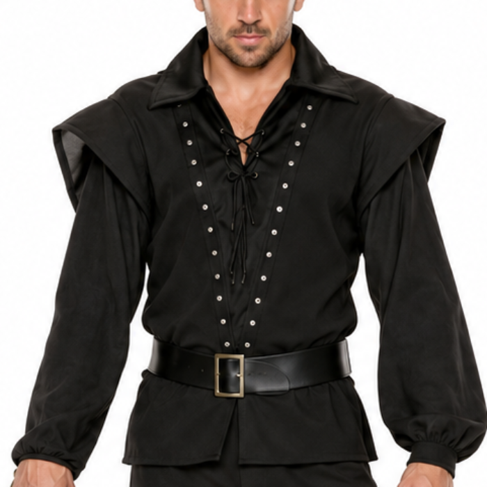 A man modeling a black pirate costume against a plain white background, wearing a black hat, double-breasted shirt with silver buttons, black pants, black knee-high boots, and holding a toy sword.