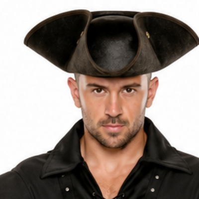 A man modeling a black pirate costume against a plain white background, including a black hat, double-breasted shirt with silver buttons, black pants, black knee-high boots, and holding a toy sword.