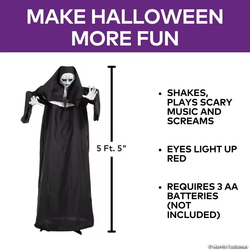 5 Ft. 4" Animated Light-Up Standing Suddenly Surprise Nun with Sound Halloween Decoration