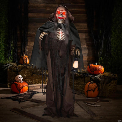 5 Ft. 6" Animated Light-Up Standing Talking Skeleton Reaper with Lantern
