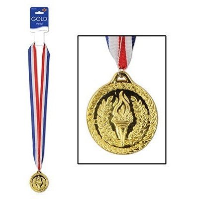Shiny gold plastic medal ribbon with sports design and intricate detailing