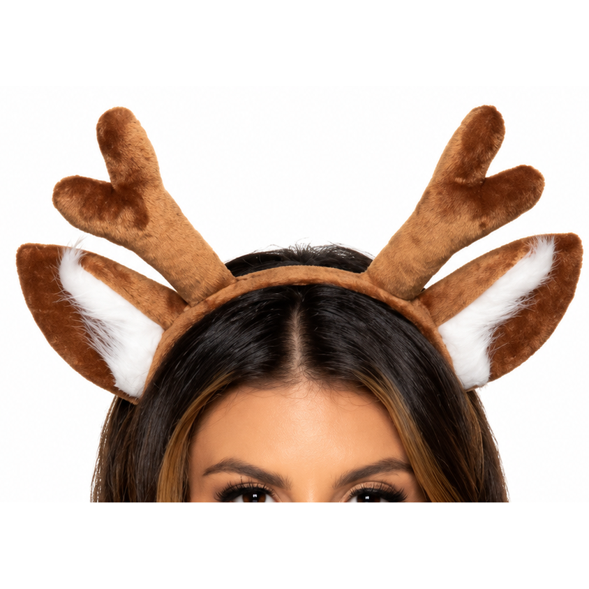 A woman wearing a brown reindeer antler headband with white inner ear details, shown against a plain white background.