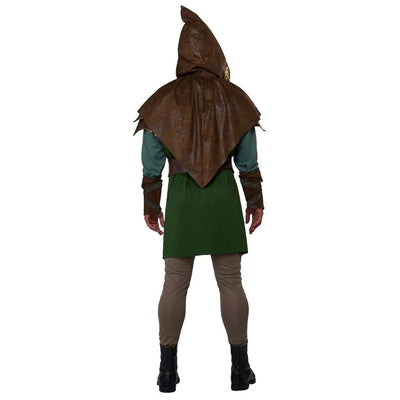 A person shown from the back wearing a fantasy or costume outfit with a tall brown hood, a green tunic, teal sleeves, brown arm pieces, tan leggings, and black boots on a plain white background.