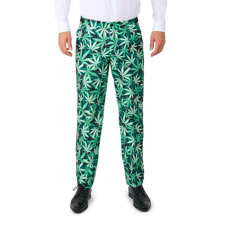 Two-piece men's suit with cannabis design and matching accessories