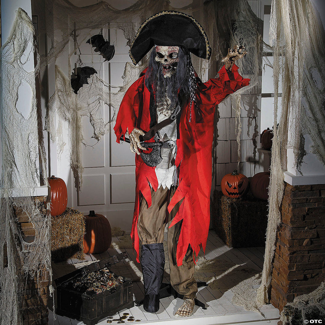 6 Ft Pirate Skeleton Animated Prop with Glowing LED Eyes and Moving Jaw