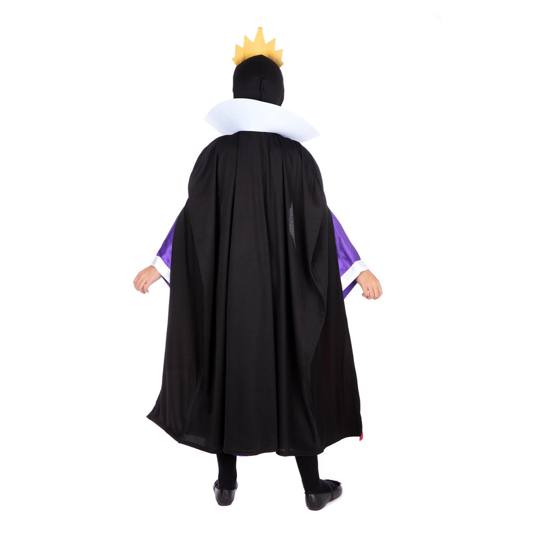 A young girl wearing an Evil Queen costume with a black gown, regal crown, and menacing expression