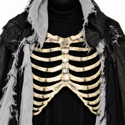 A Halloween costume accessory featuring a realistic, weathered-looking rib cage in beige and black, displayed on a black turtleneck and draped in a tattered black cloak with gray fabric.