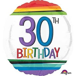 30th Birthday Rainbow Stripes Round Foil Balloon 45cm