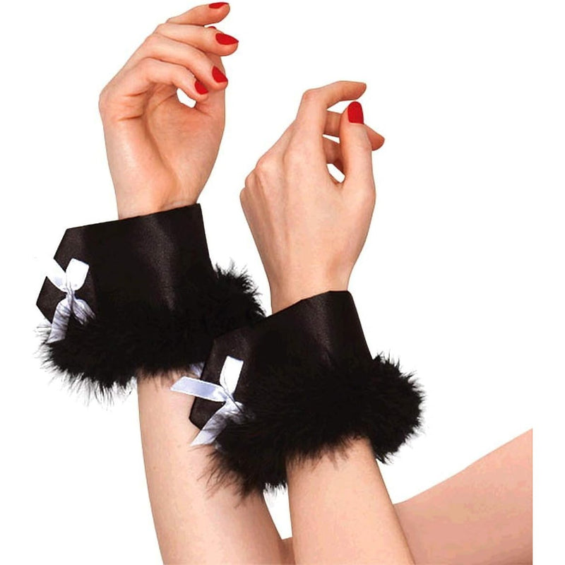 Black bunny feather wrist cuffs in black satin with lace trim